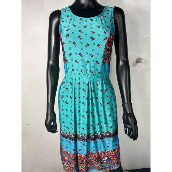 Reborn Paisley Print Midi Dress Teal Sleeveless Casual Boho Pocket M - Picture 2 of 11